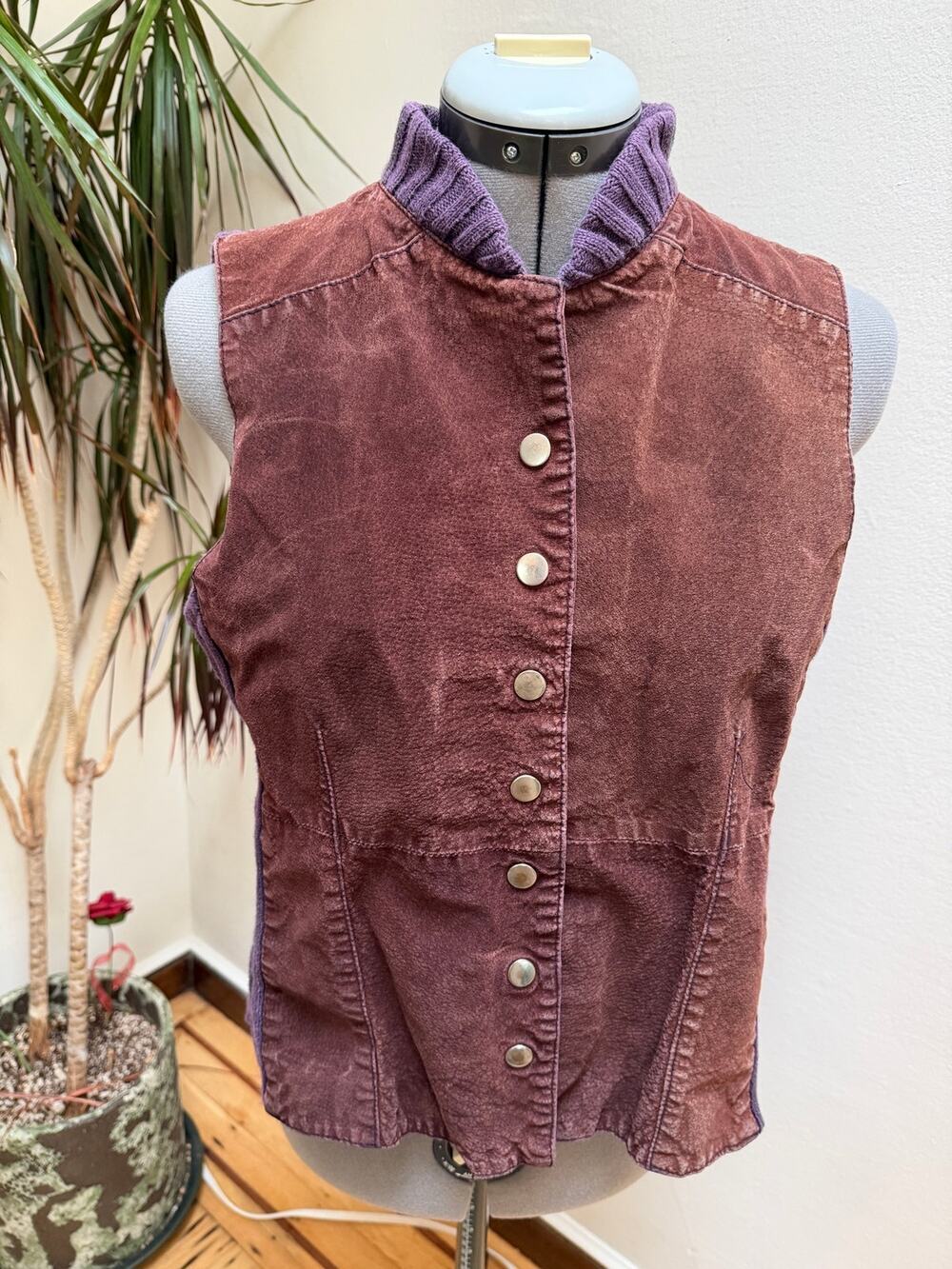 Vintage Christopher & Banks Purple Knit & Pig Leather Suede Vest - Medium